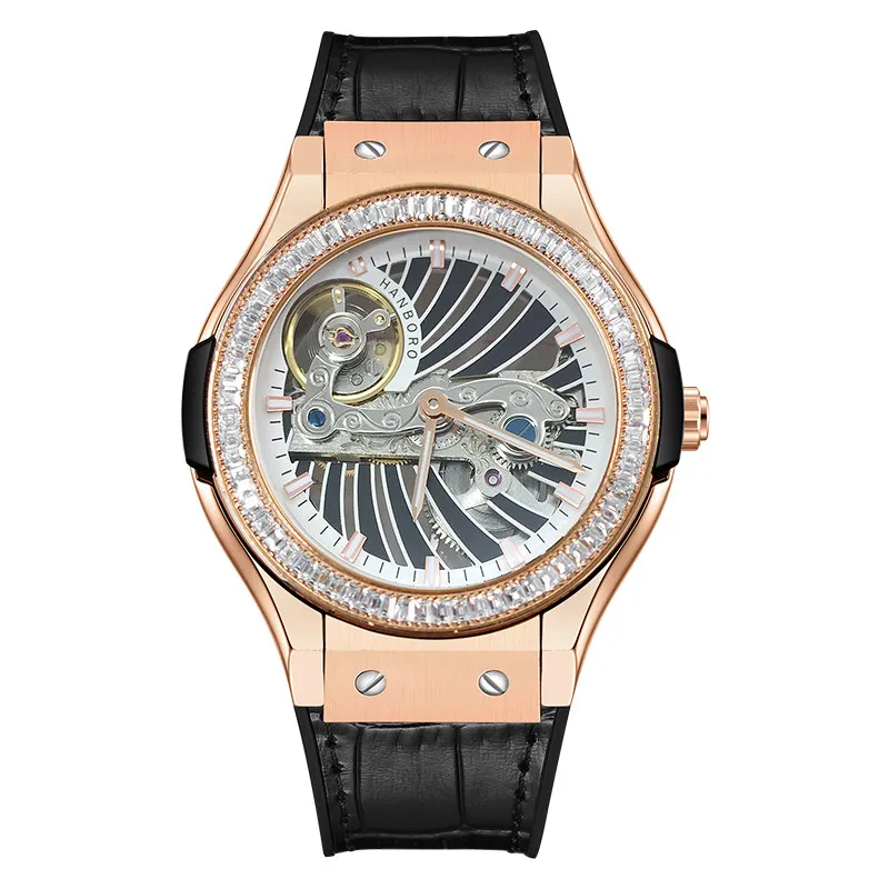 

HANBORO Men Automatic Watch 38mm Women Mechanical Wristwatch Sapphire Mirror Skeleton Dial Luminous