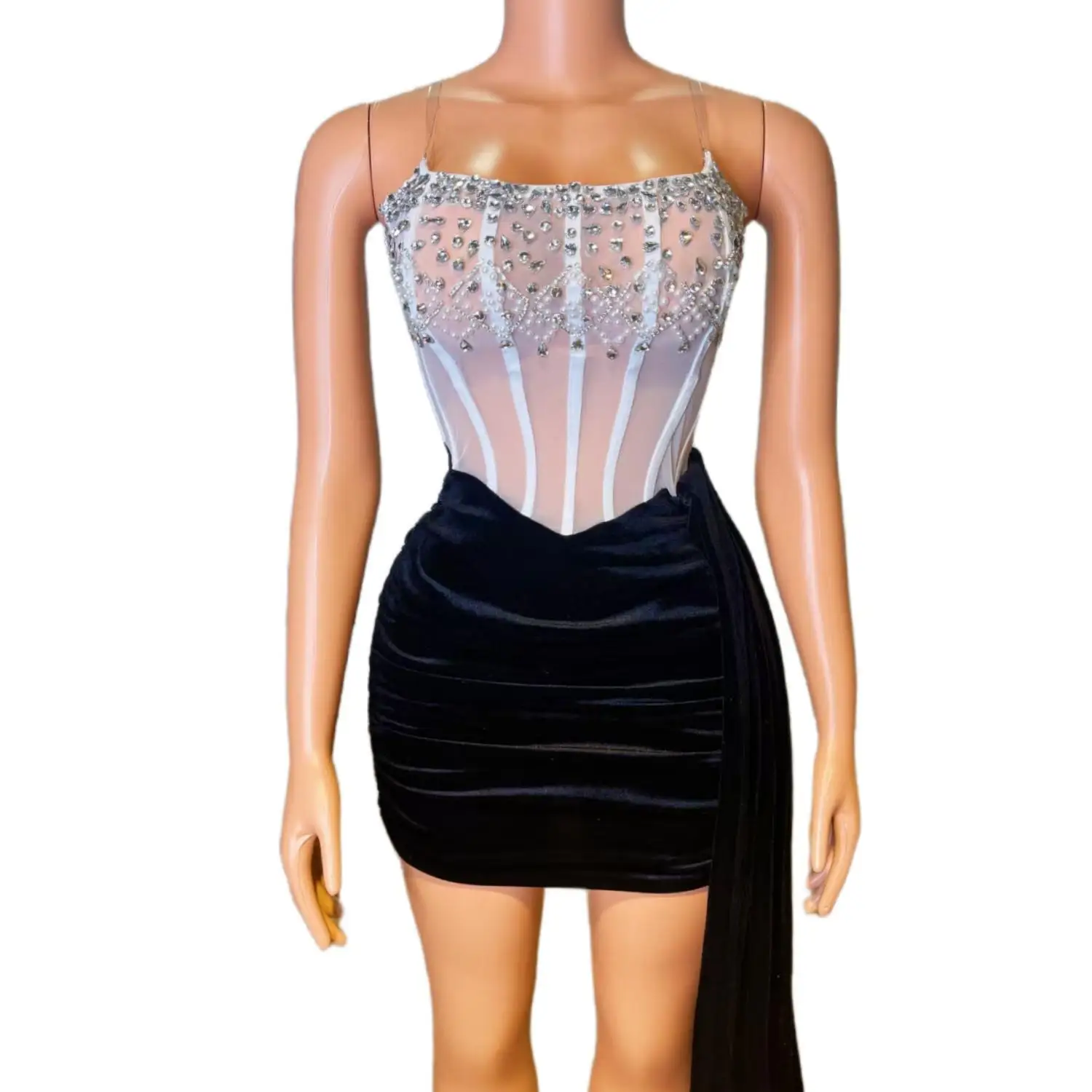 Tiaoma Womens Luxury Rhinestone Sheer Mesh Corset Mini Dress Spaghetti Strap Black Velvet Side Train Party Evening Prom Gown - view 3