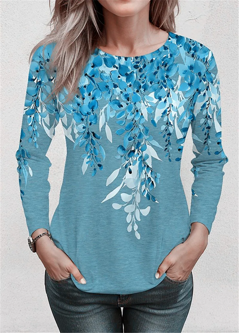 Manga longa padrão floral feminino camisetas casuais primavera outono 3d flor impressão estilo retro feminino camiseta 3xl plus size o-pescoço topos