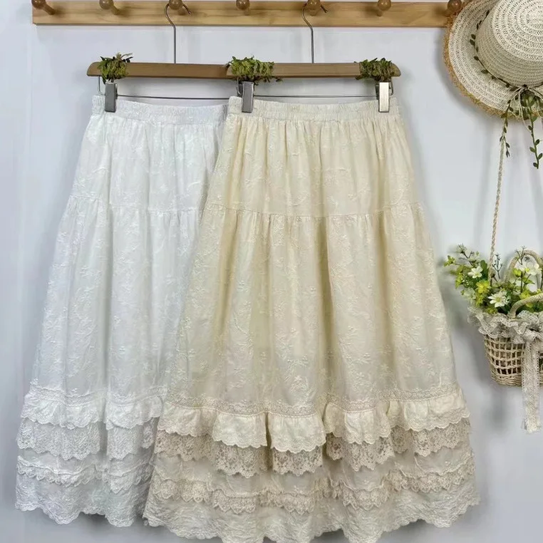 Japanese Sweet Mori Girl Lace Layer Patchwork Cotton Skirts Women Summer Autum Kawaii Cute Lolita Fairy Princess Cake Skirts