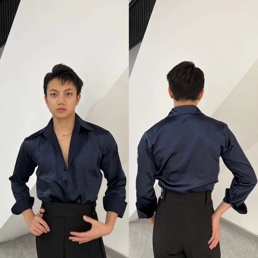 Satin Latin Dance Shirt For Men Ballroom Dance Clothes Long Sleeves Practice Wear Adult Cha Cha Tango Salsa Dance Tops BL11194