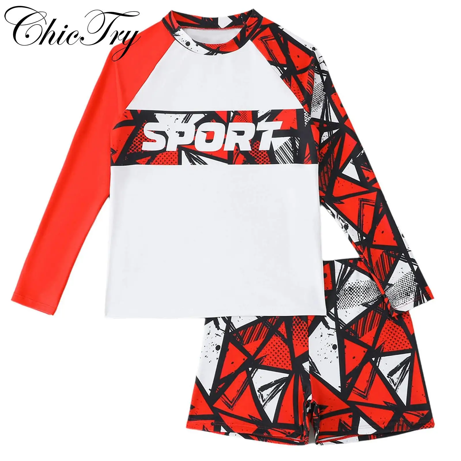 

Kids Boys Two-Piece Swimsuit Swim Bathing Suit Coconut Geometric Printed Swimwear Beachwear Long Sleeve T-shirt with Shorts Sets