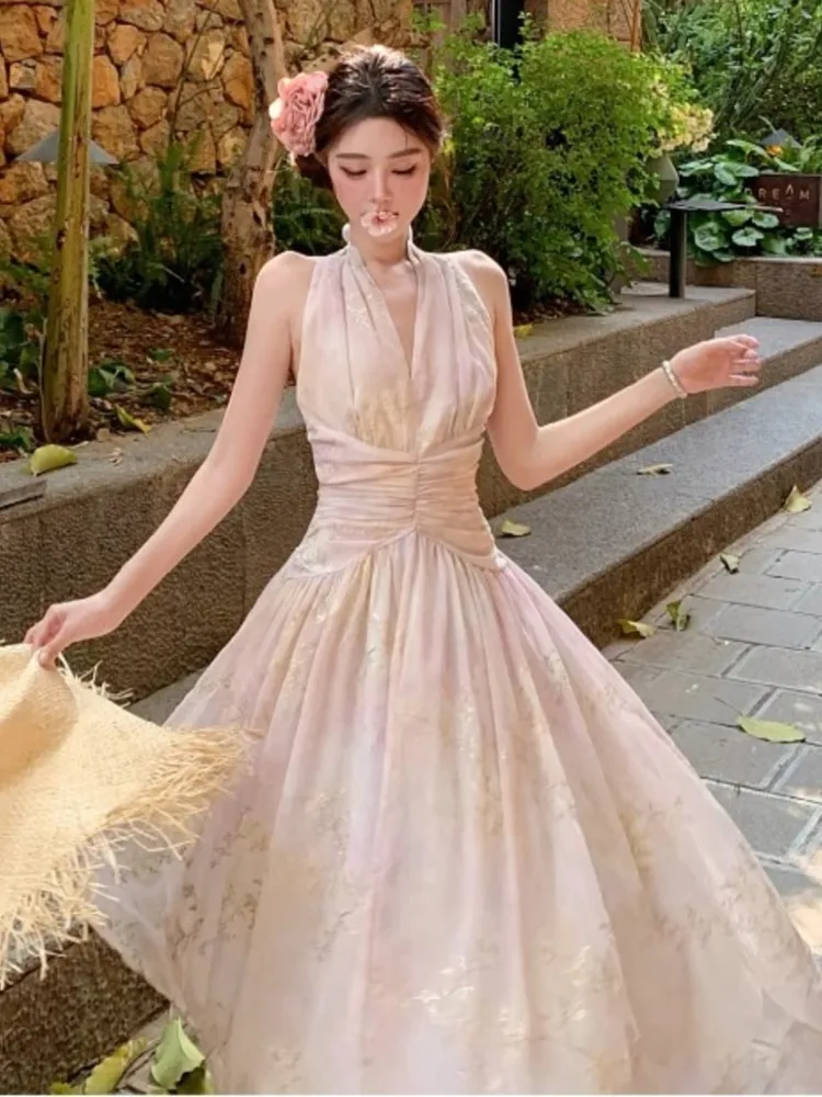 

Women's French Floral Print Halther Dresses Summer Elegant V-Neck Slim Lace-up Midi Dress Sexy Beach Holiday 2025 New Fashion