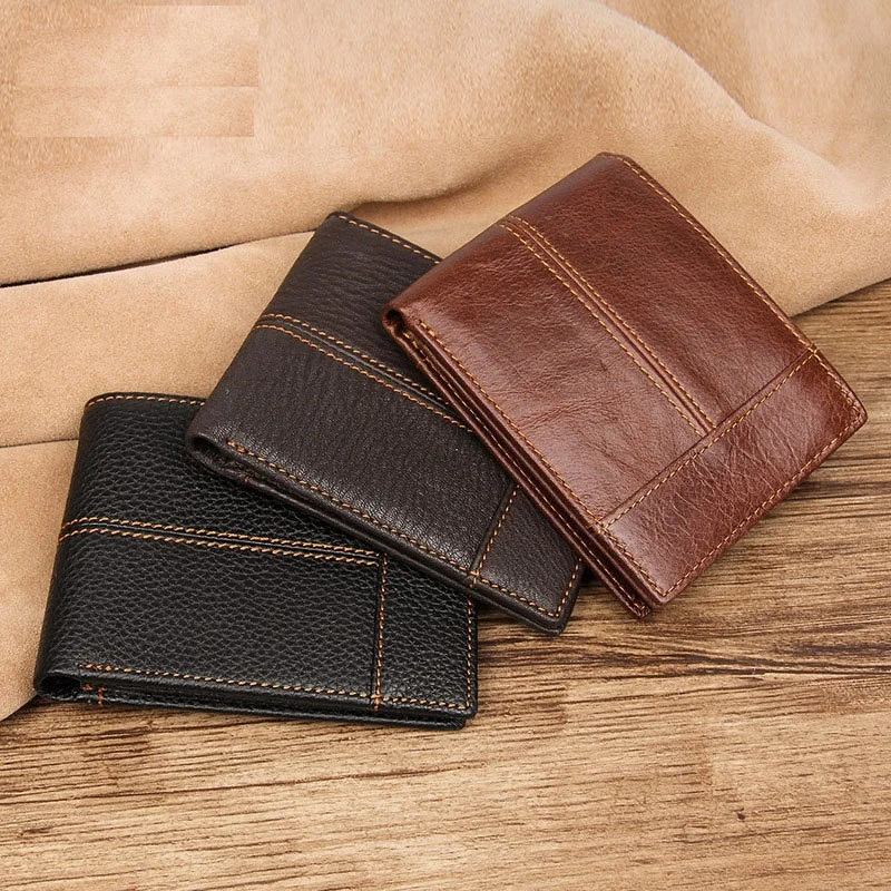 GENODERN Patchwork Style Cow Leather Male Purse Short Wallet for Men Genuine Leather Wallets Brown Male Purses Men Wallets