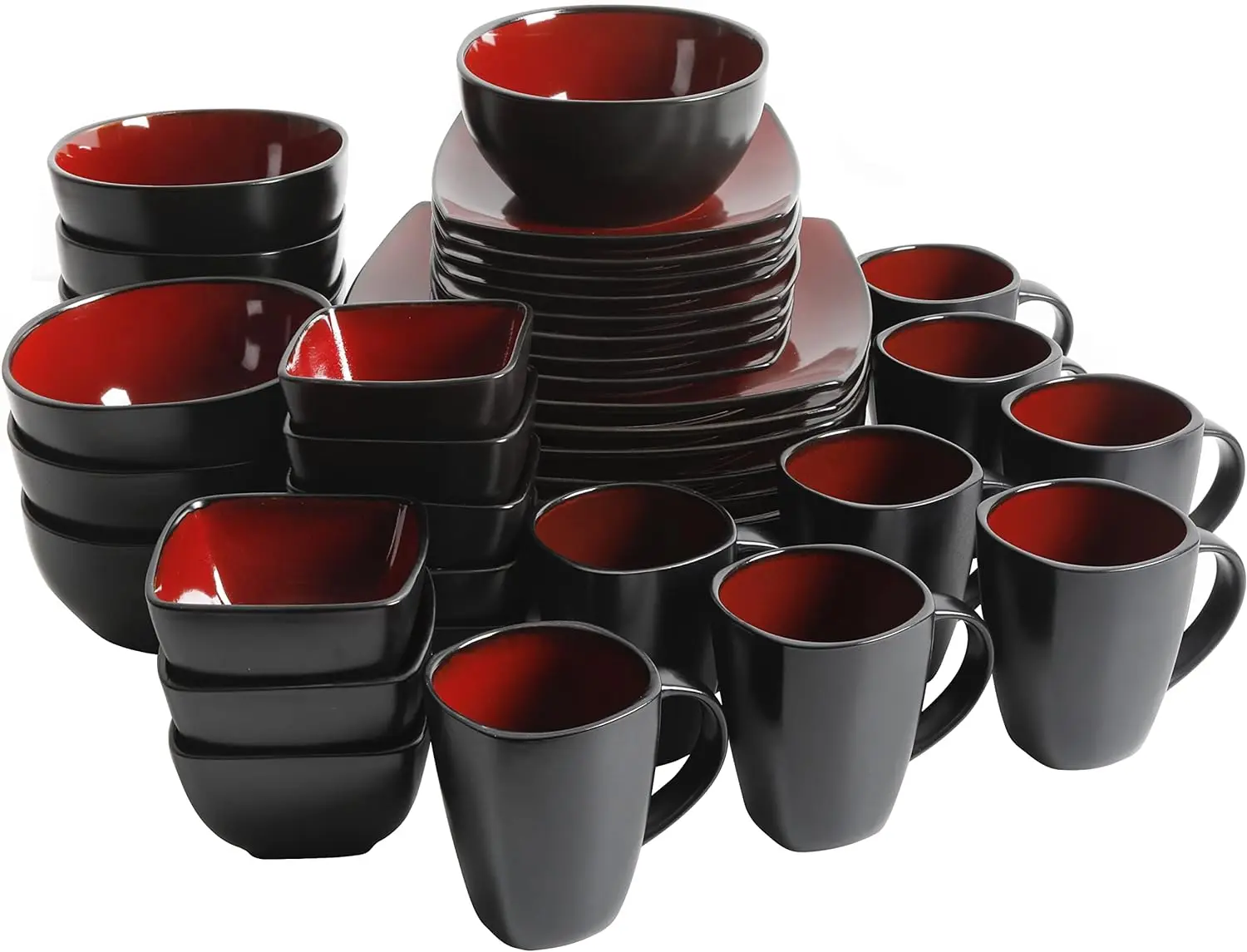 Reactive Glaze Stoneware Dinnerware Set, Service for 8 (40pc), Red/Black