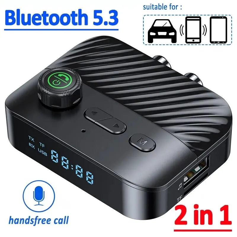 Bluetooth Receiver Transmitter BT5.3 Stereo LED U Disk 3.5MM AUX Jack RCA Wireless Handsfree Call Music Audio Adapter For TV Car