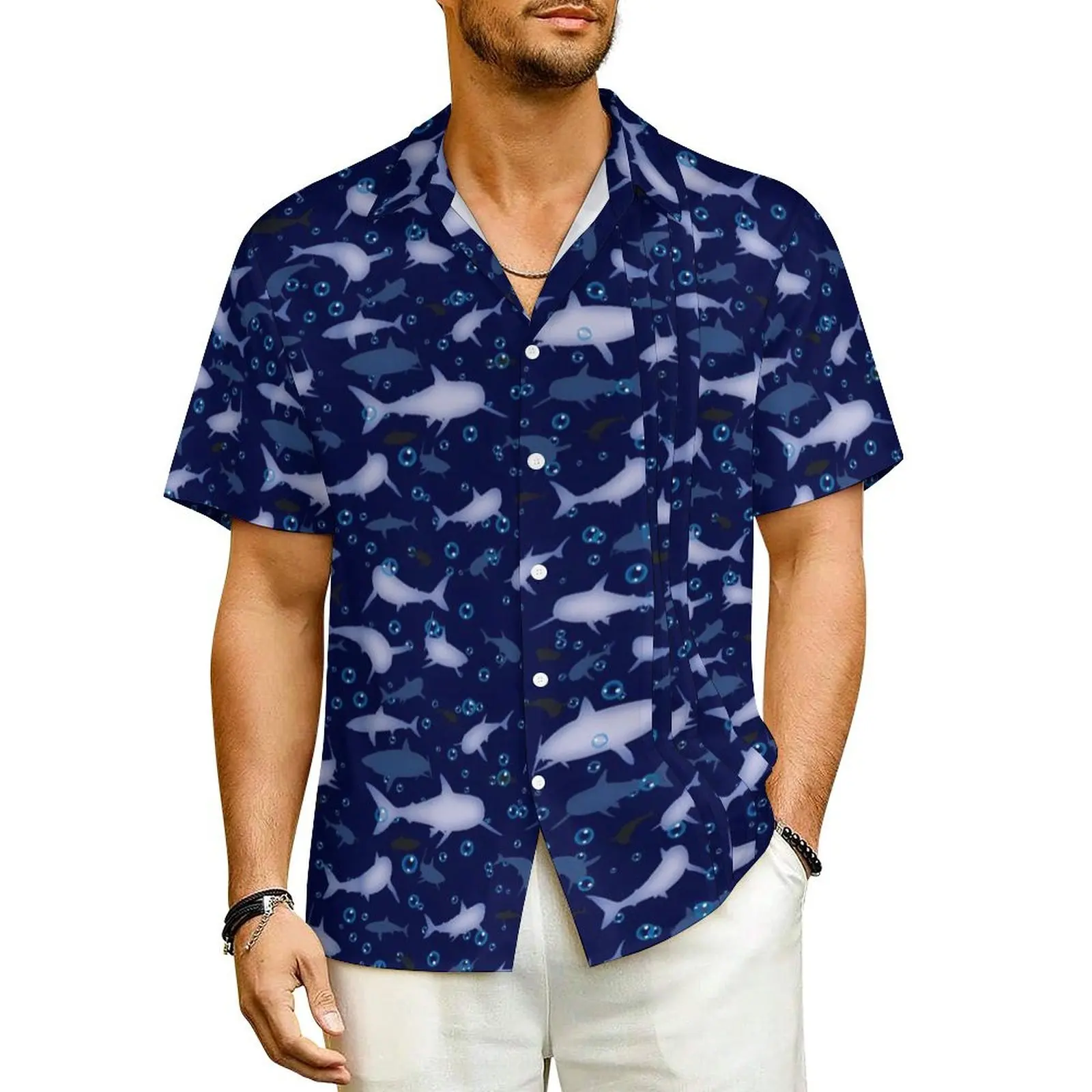 

Summer Shirt Beach Blue Sharks Blouses Animal Silhouette Novelty Casual Shirts Men Short Sleeve Y2K Funny Oversized Clothing