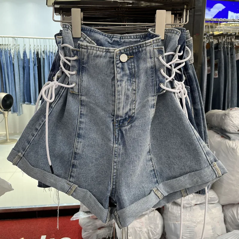 Gerold Vetersluiting Up Denim Shorts Vrouwen 2022 Nieuwe Zomer Hoge Taille Losse Wijde Pijpen Broek Plus Size S98