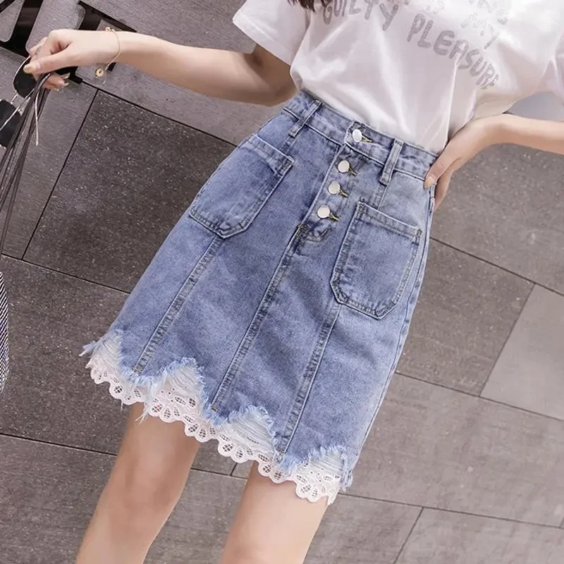 Faldas Denim Skirt Female Korean Version Of Fashion Breasted Lace Patchwork Lace High Fanny Pack Hip Skirt Ropa De Mujer Skirts