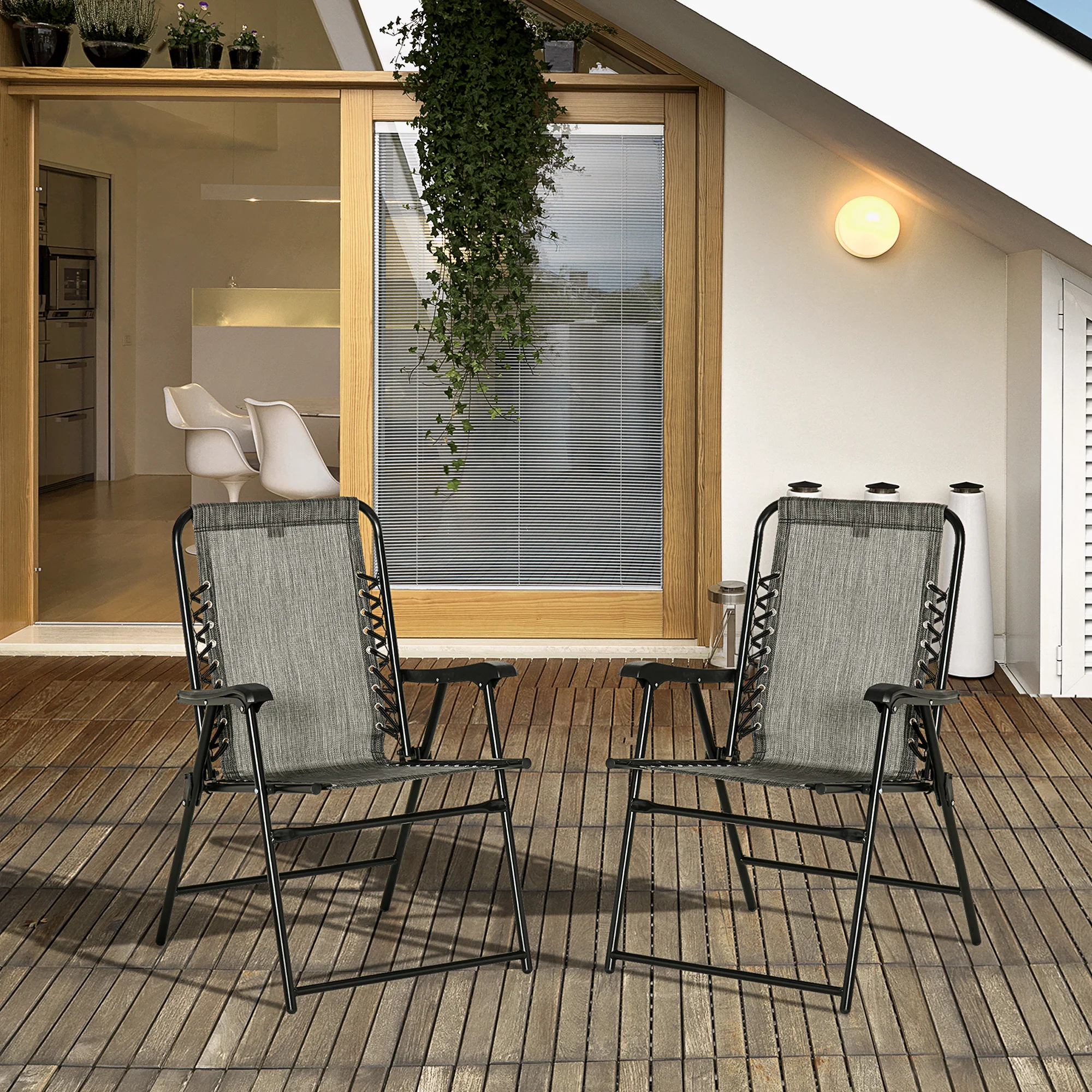 

2 Pieces Outdoor Folding Chair Set Portable Camping Chairs with Armrest for Patio Pool Beach Gray Steel Mesh 264 Lbs