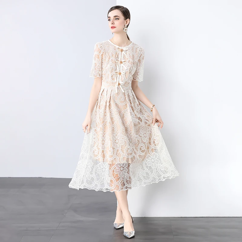 Summer Elegant Short Sleeve Lace Embeoidery Flower Party Dresses for Women