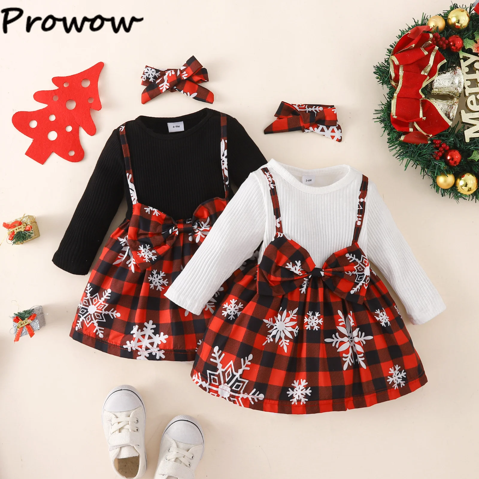 Prowow Baby Christmas Dresses 2025 Long Sleeve Big Bow Plaid Party Dress For Newborns Infants My First New Year Baby Clothes