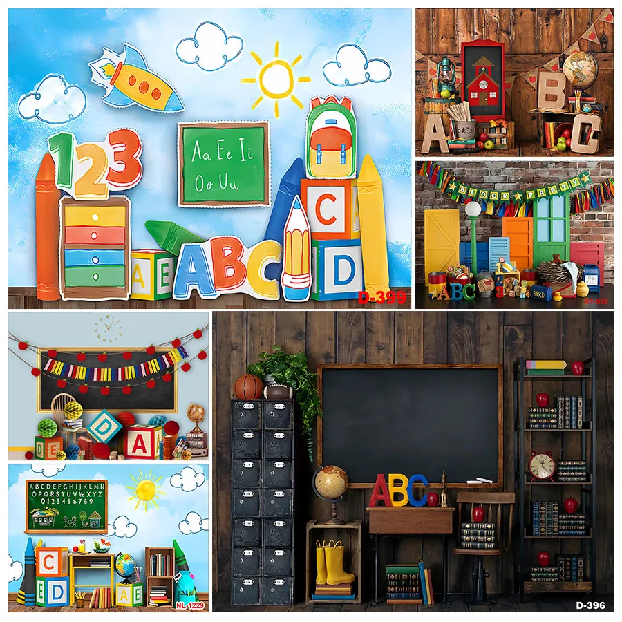 

Kindergarten Classroom Backdrop ABC Vintage Wooden House Back To School Backgrounds for Photography Online Teaching Backdrop