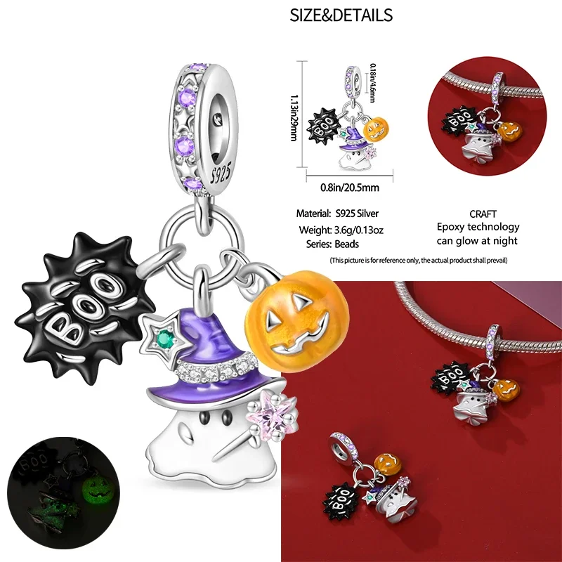 Novo 925 prata esterlina halloween bruxa esqueleto morcego charme 925 corrente frisado caber pulseira original diy senhoras jóias