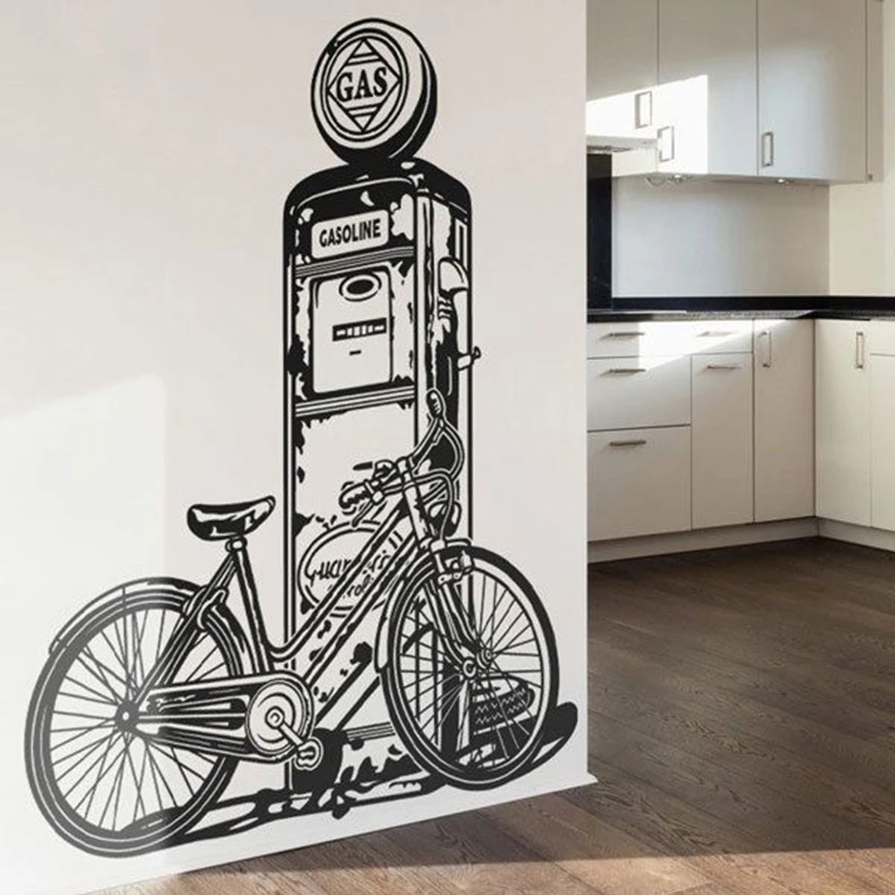 Bicycle on Vintage Fuel Pump Wall Sticker Kitchen Garage Man Cave Bike Gas Station Wall Decal Bedroom Kids Room Vinyl Home Decor