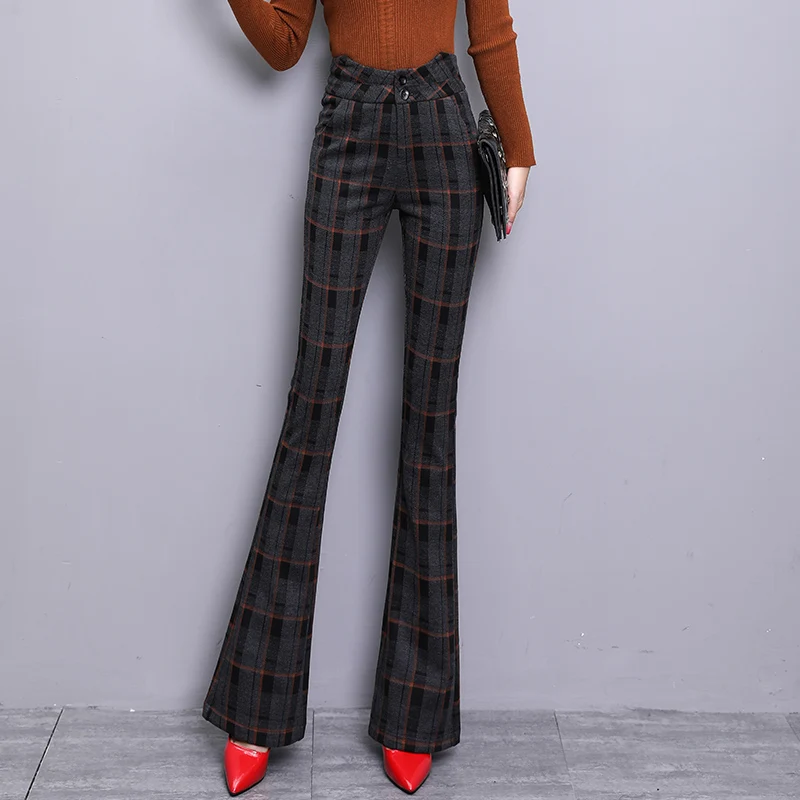 Thiened Woolen Hosen Hohe Taille Abnehmen Casual Hosen Retro Plaid Micro Ausgestelltes Hosen Winter Neue Ankunft Frauen Faion