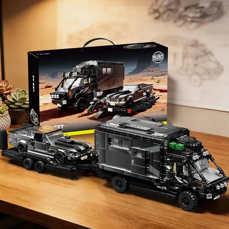 Hardcore 8-Scale Adventure Set: 2-in-1 RV & Muscle Car with Trailer, 2135PCS Model with Full Interior, Ultimate Adult toy bricks