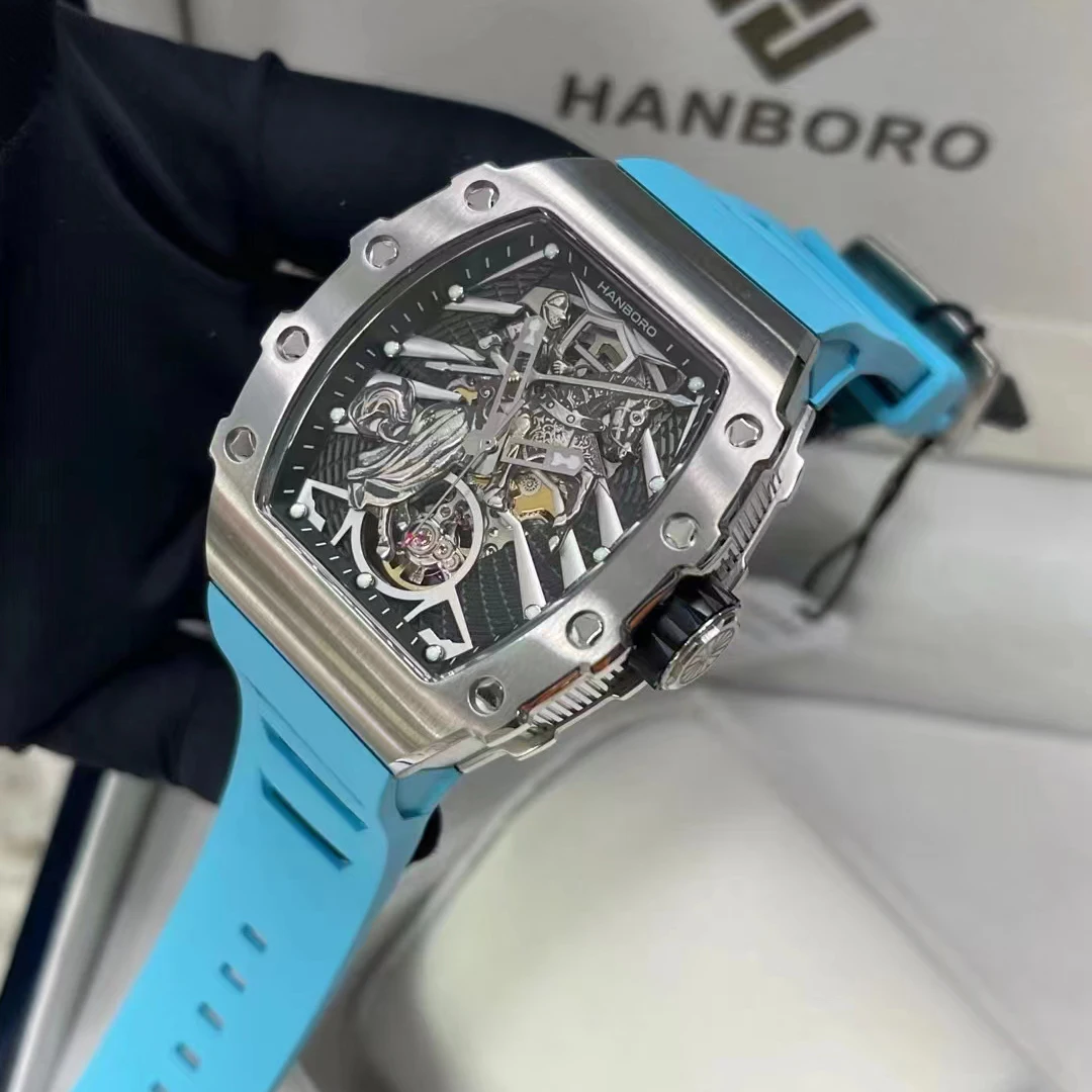 HANBORO Men Automatic Watch Luxury Mechanical Wristwatch Tonneau Waterproof Luminous Skeleton Carbon Fibre / Steel Bezel 8215