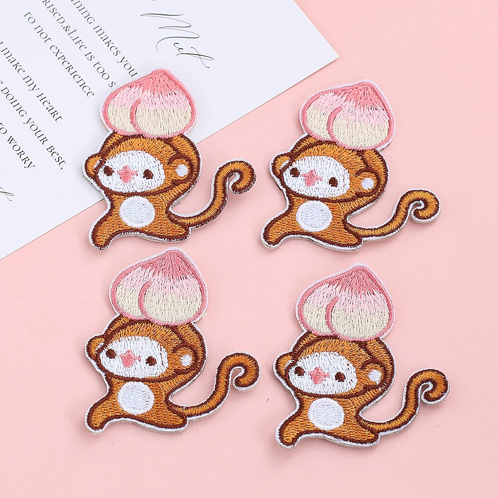 

2PCS Cute Monkey and Peach Cartoon Stickers Iron on Transfers for Clothing Appliques Patches Embroidery DIY Sewing Supplies