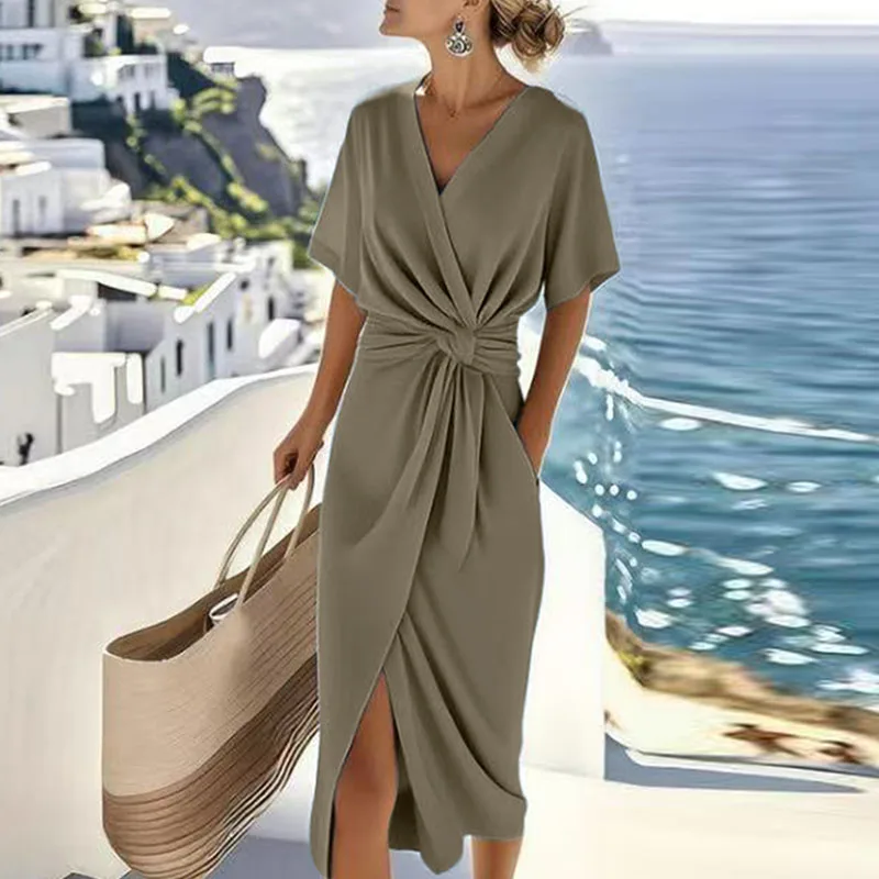 Elegant V Neck Waist Draped Split Long Dress Woman Fashion Solid Irregular Party Dress Summer Short Sleeve Slim Vacation Dresses