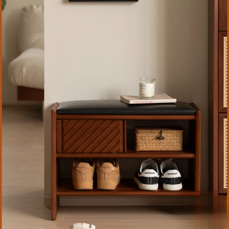 

Retro shoe changing stool, solid wood, boxwood, entrance, cabinet, soft bag