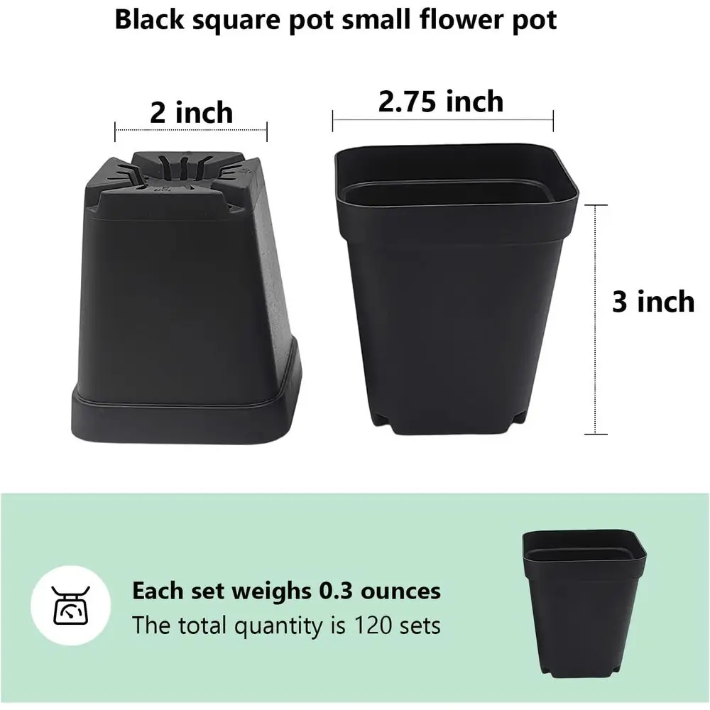 3 Deep Plastic Nursery Pots for Succulents, 120 Count, Seed Starter Pots with Drainage, Black