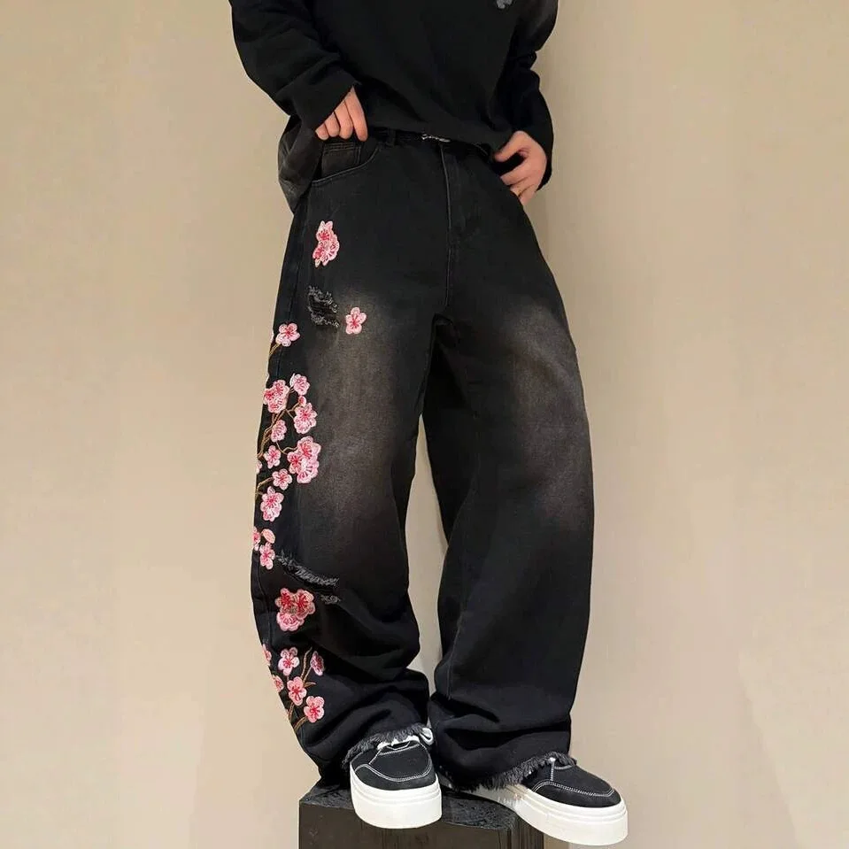 Mens Four Seasons Black Vintage Ripped Jeans Street Style Loose Wide Leg Pants Cherry Blossom Embroidery Casual Streetwear