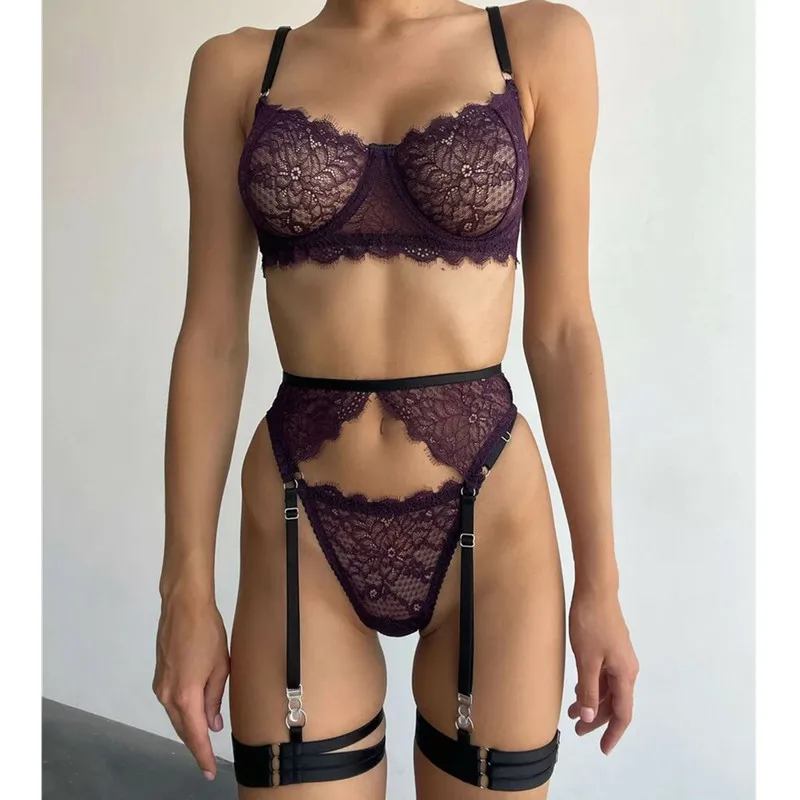 

European and American cross-border new sexy lingerie fashion women's lace belt steel ring leg girdle suspender bra set of four