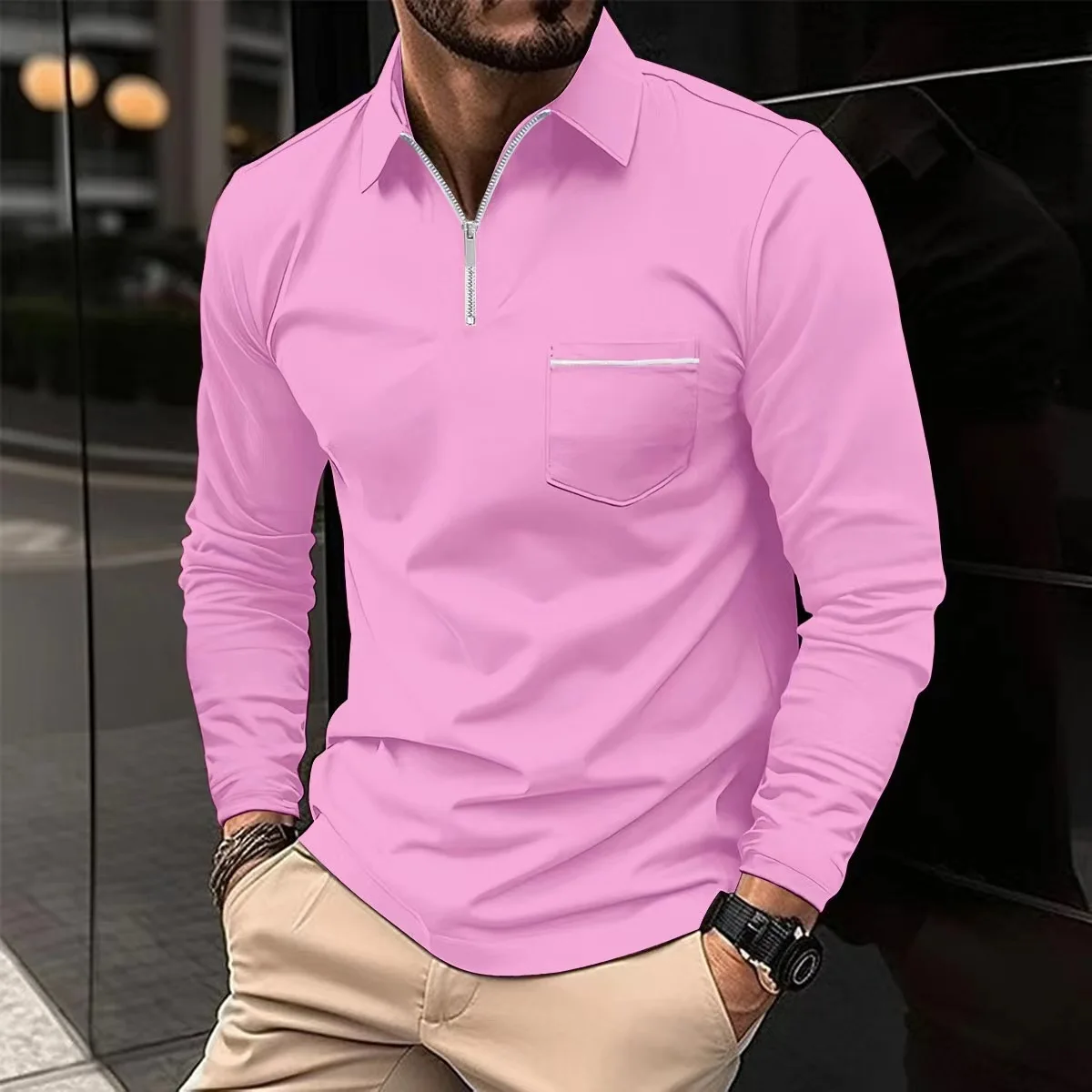 Fashion spring and autumn new high quality Polo shirt lapel long sleeve leisure pocket business Polo shirt top