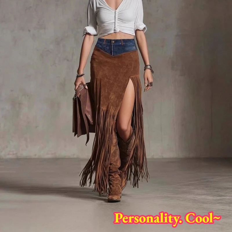 

Suede Cool Skirt for WomenTassel Denim Patchwork Irregular Skirt Fringed Denim Irregular