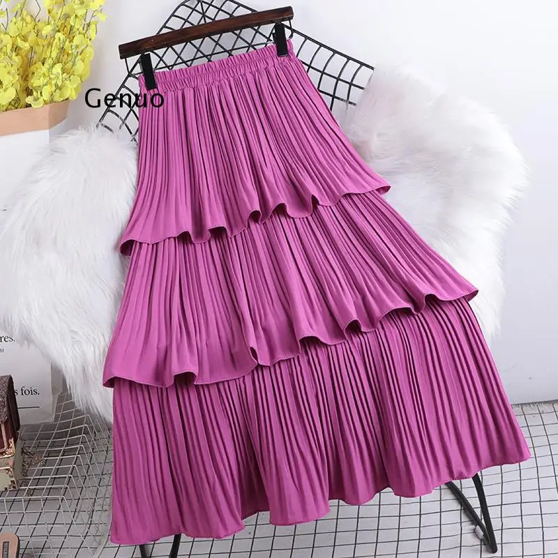 Woman Clothes New 2022 Spring Summer Korean Medium Long Pleated Cake Skirt Fashion Ladies Solid Versatile Office Skirts Korean