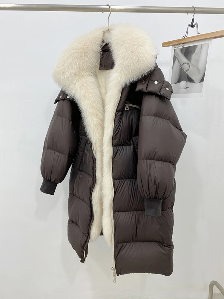 Women Puffer Jackets Natural Real Fox Fur Collar Thick Warm Long Goose Down Jackets Winter Coat Female Outwear