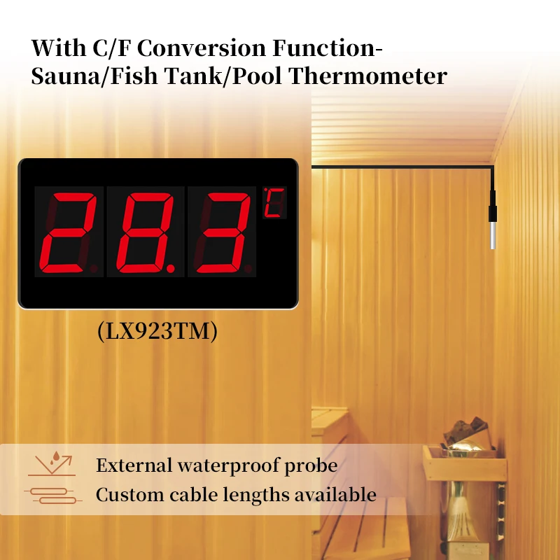 Digital Wall Thermometer Outdoor With Temperature Sensor C/F Switch For Sauna And Swimming Pool