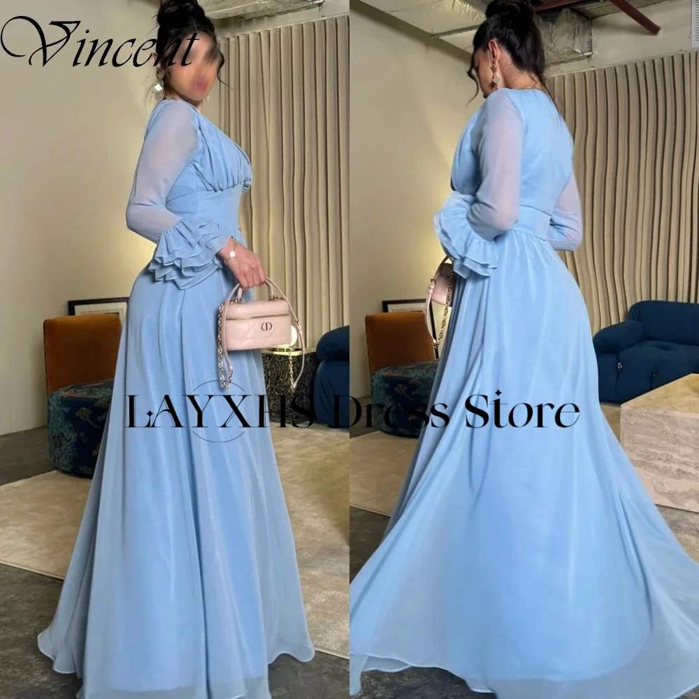 LAYXHS Simples Com Decote Em V Vestidos de Noite Azul A Linha Mangas Compridas Em Camadas Plissado Vestidos de Baile Personalizados فساتmavera