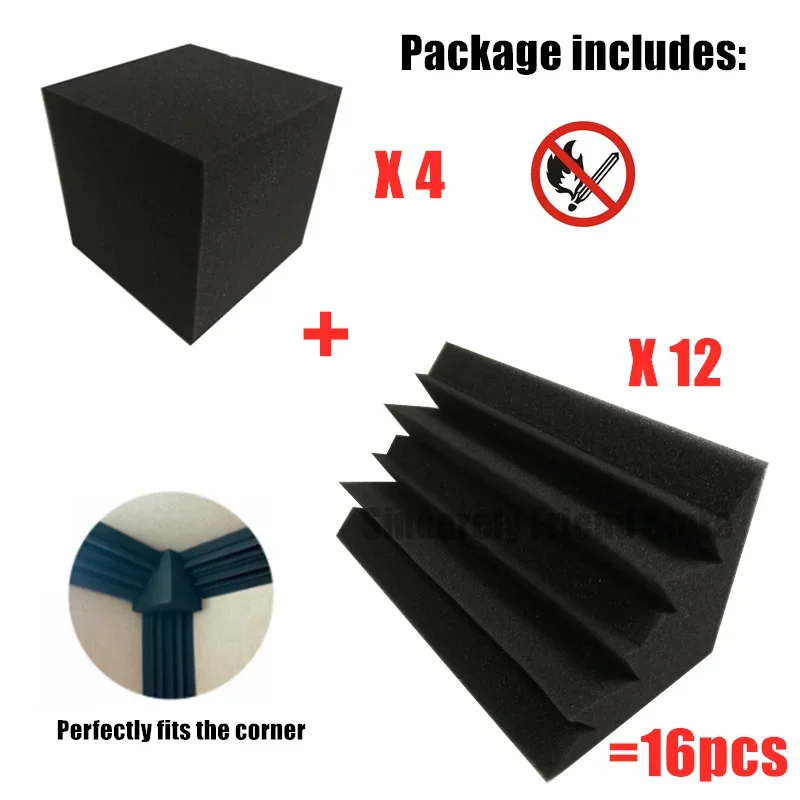 16Pcs Studio Acoustic Foam 12Pcs 12x12x24 Bass Trap Foam + 4Pcs 15x15x15 Cube Corner Block Column Sound Absorption Treatment