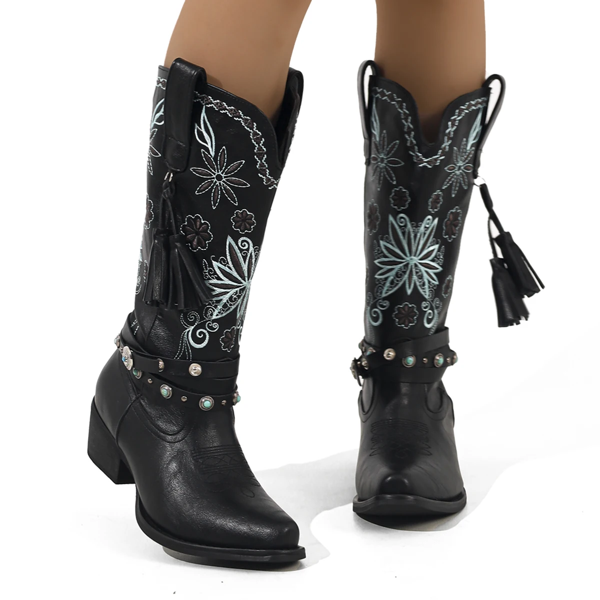 

Нишевые женские сапоги с вышивкой в стиле ретро, осенние и зимние утягивающие сапоги, ковбойские сапоги в стиле вестерн, универсальные утягивающие рыцарские сапоги