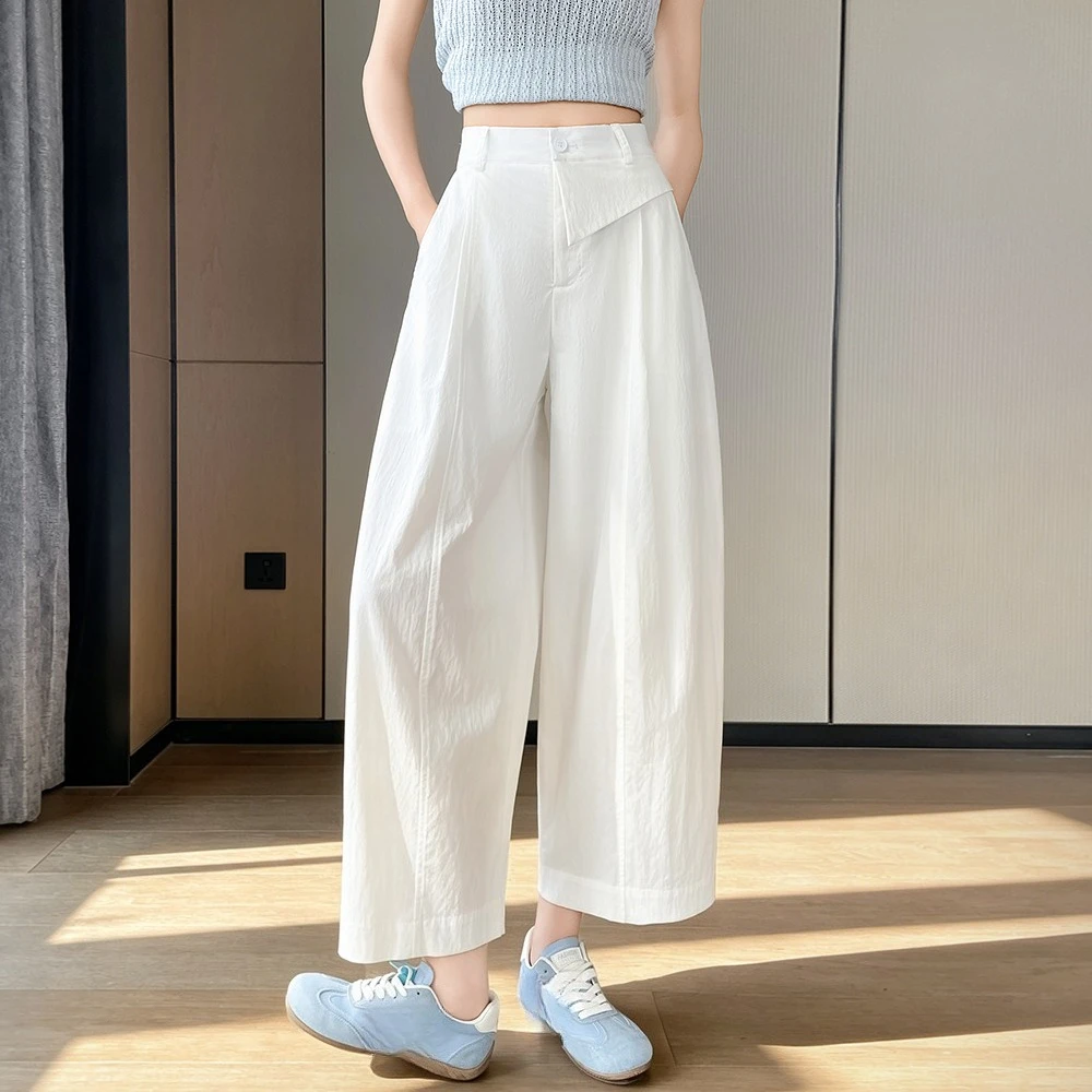Seoulish Women Wide Leg Cropped Pants 2026 New Summer Lyocell Tencel Cotton High Waist Casual Loose Ninth Trousers for Women