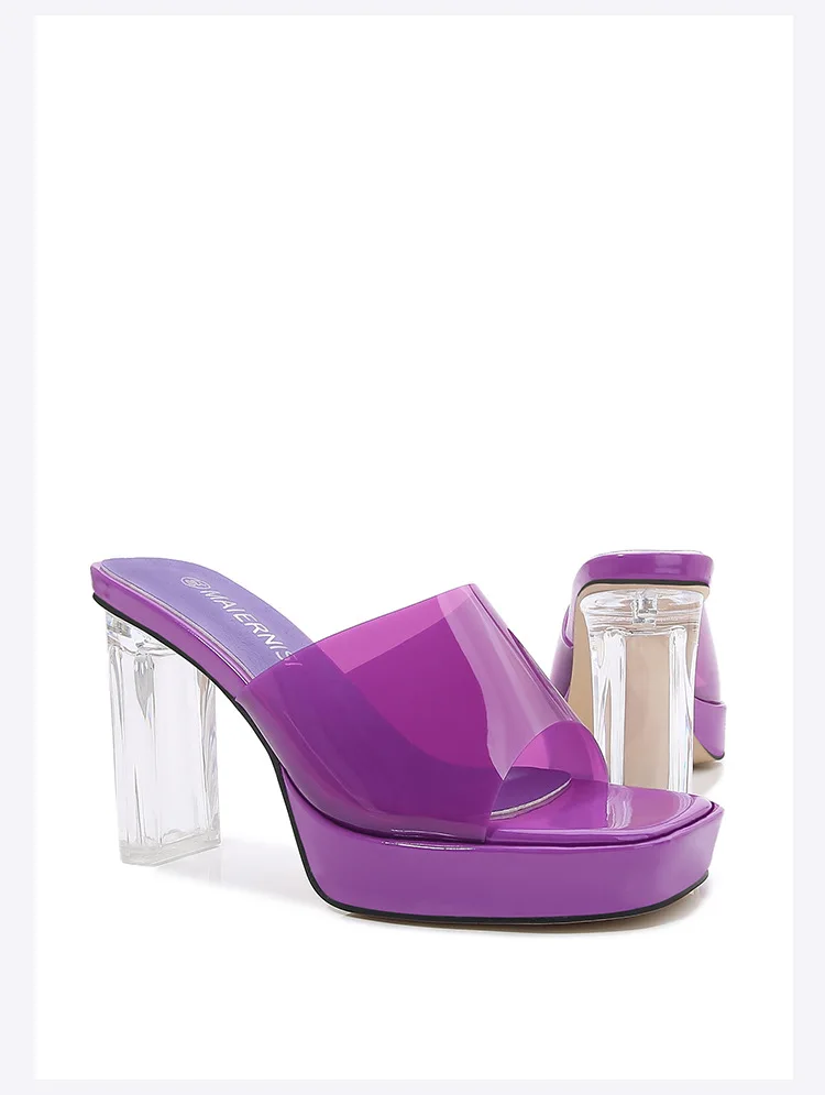 

New 9cm Women's Fashion Slippers PVC Transparent Crystal Thick High Heels Classic Purple High Heels Large Size 35 to 46