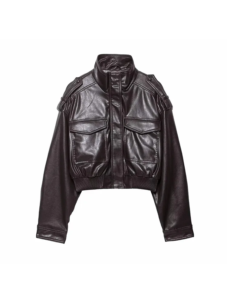 Women 2025 Autumn Winter New Vintage Zippers Short Leather Jackets Women Casual Lapel Button Pockets Full Sleeve Coat Streetwear