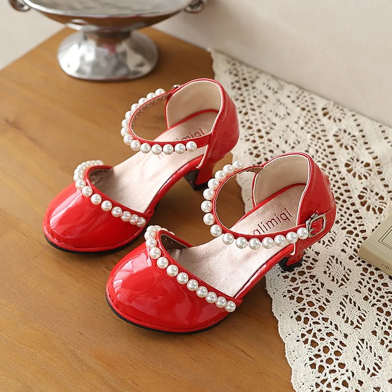 

Spring Autumn Children High Heel Shoes Girls Lolita Leather Shoes for Princess Wedding Party Kids Pearl Mary Jane Shoes Non-slip