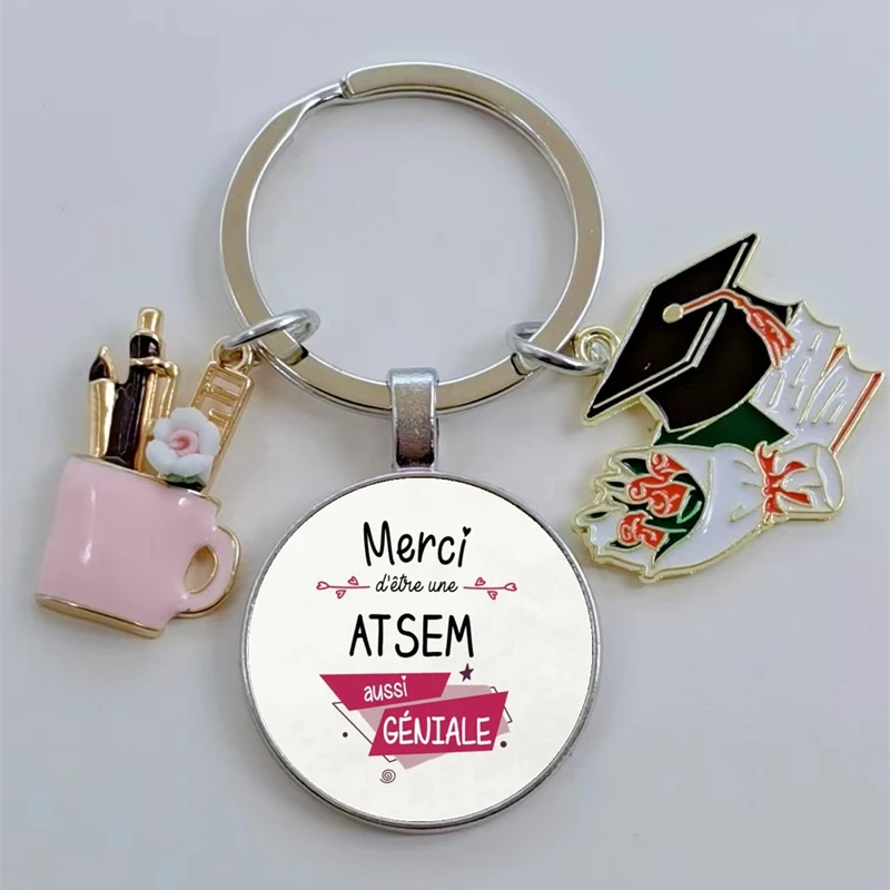 Hot selling French text keychain, Merci Atsem keychain, Teacher's Day gift, the best graduation gift