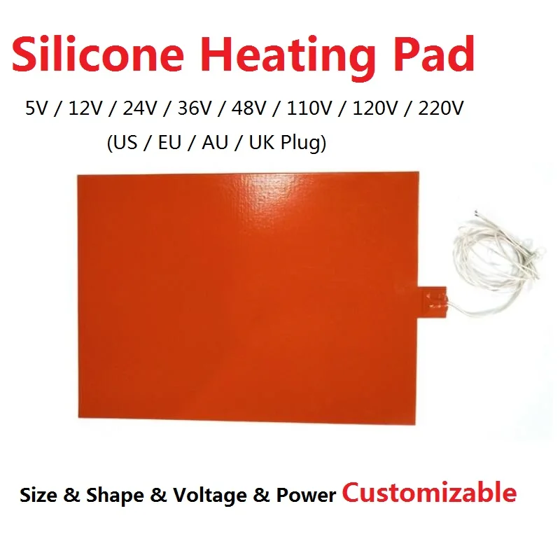 5V 12V 24V 110V 220V Electric Silicone Rubber Heating Pad 3M Adhesive Sticker Heater Plate Mat Middle Protrude Bulge Output Wire