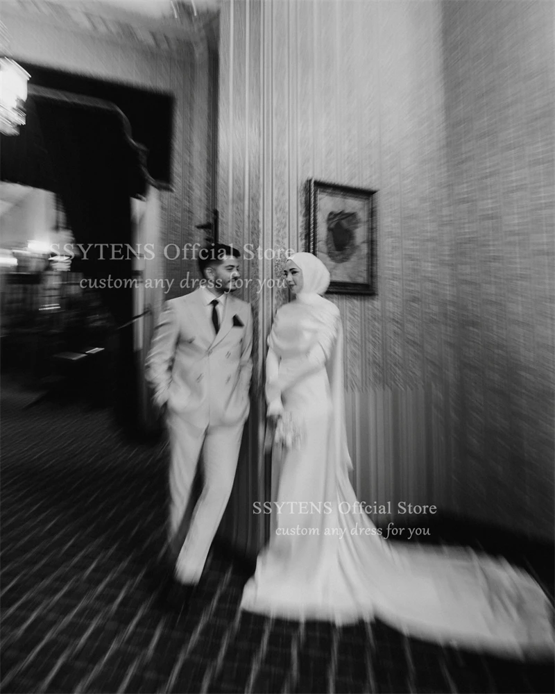 SSYTENS Elegant lvory Wedding Dresses Satin High Neck Full Sleeves Mermaid Bridal Gown Sweap Train Modest Bride Dress Customized