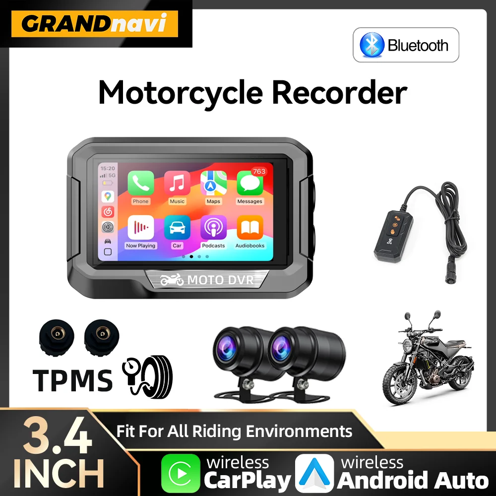 المحمولة 3.4 بوصة دراجة نارية لتحديد المواقع والملاحة اللاسلكية Carplay أندرويد السيارات DVR محرك مسجل موتو مراقب واي فاي IP67 مقاوم للماء