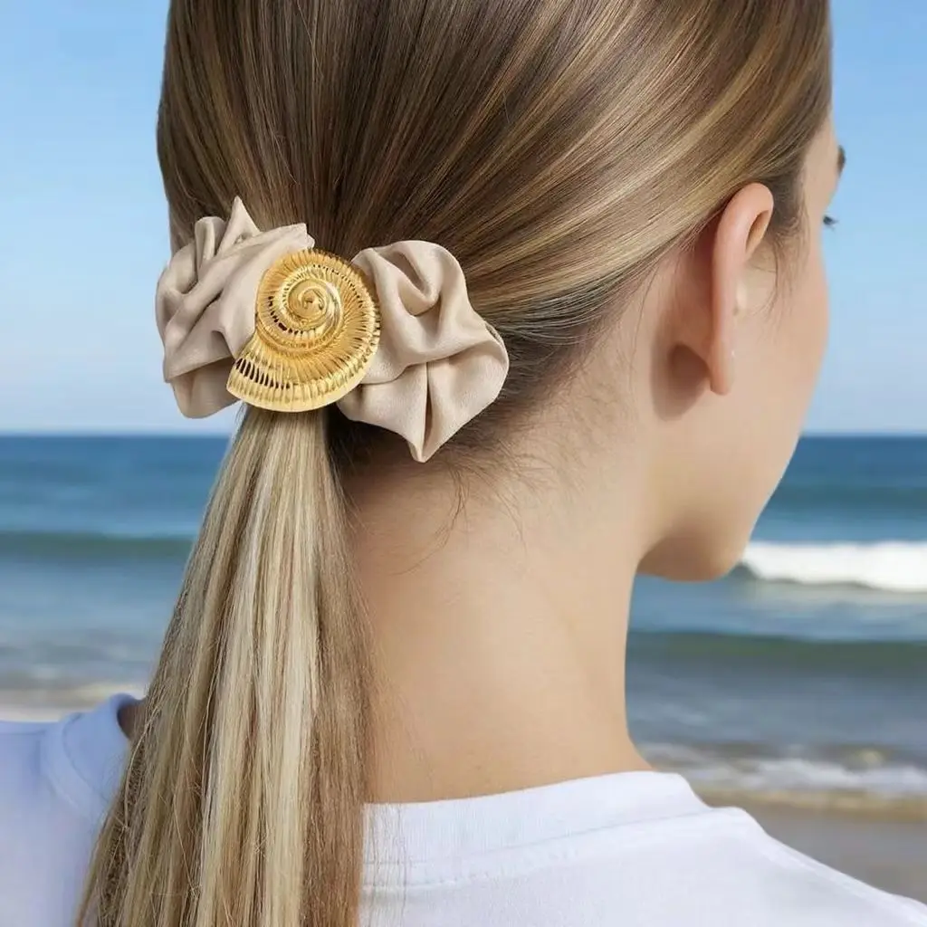 

Satin Large Intestine Hair Ring with marine style stainless steel starfish, conch shell, a high elastic hair rope