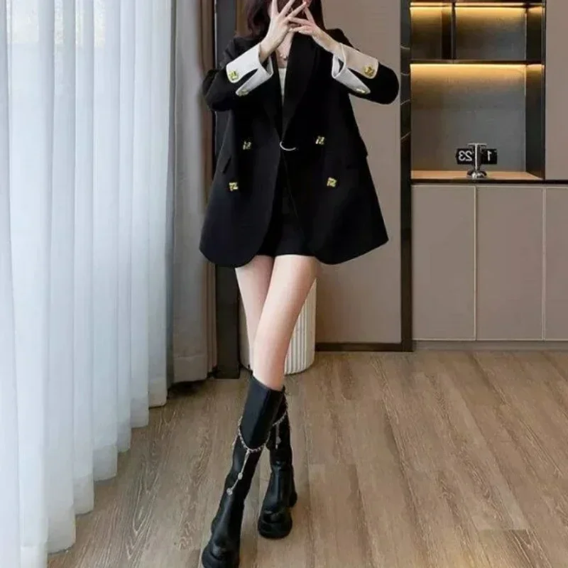 Fashion Spring and  Autumn Woman  New High-grade Loose Korean Commuting Temperament Commuter Casual Black Suit Top Explosion