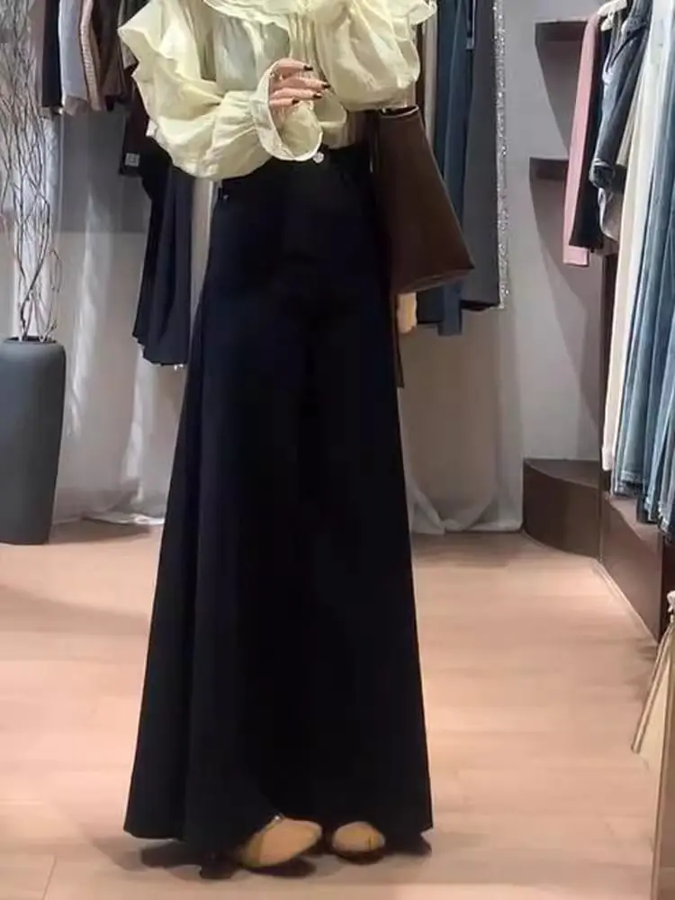 Wide Leg Pants Young Girl Elegant Womens Spring Elastic Layered Minimalist Urban Leisure Waistband Pleats Modal Sashes Trousers