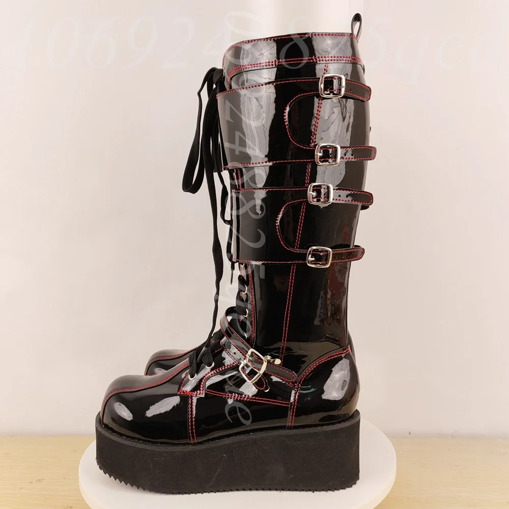 

Black Patent Leather Platform Knee-High Boots with Red Stitching, Buckle Straps Lace-Up Front Shoes 2025 Zapatos Para Mujere