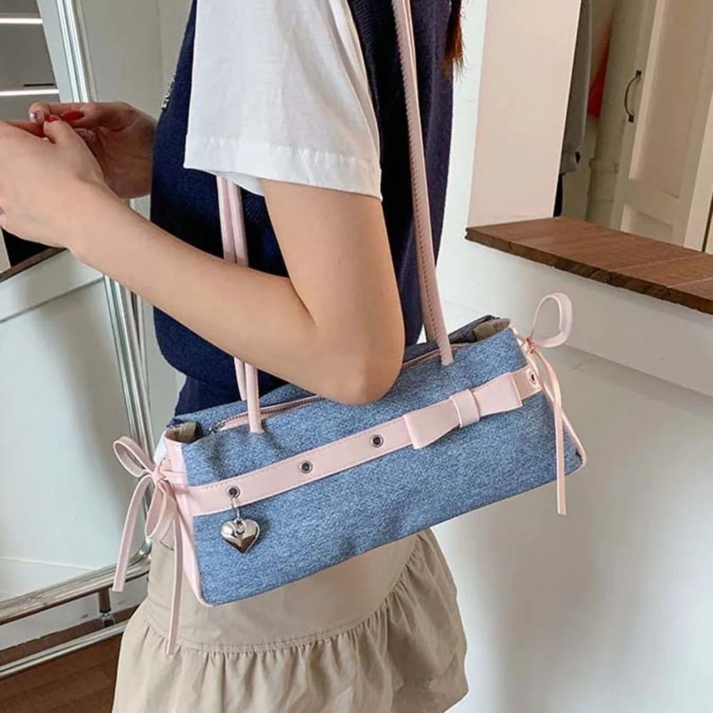 

All-match Sweet French Stick Handbag Ribbon Contrast Color Bow PU Shoulder Bag Large Capacity Blue Denim Underarm Bags Work