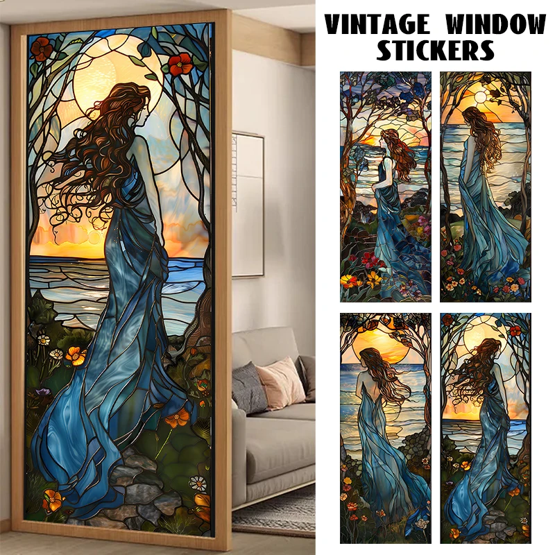 European Retro Church Privacy Windows Film Aesthetic Stained Glass Window Stickers Opaque Static Cling Home Decor Window Decals